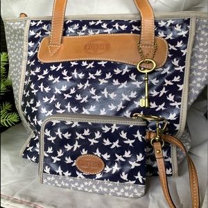 SET ❗️Fossil Tote/Purse & Matching Wallet - Grey/Navy Bird